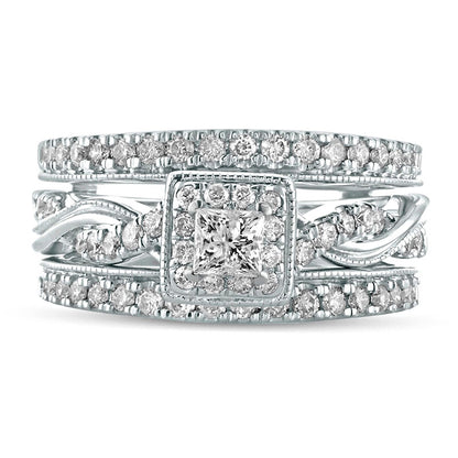 1.0 CT. T.W. Princess-Cut Natural Diamond Frame Twist Shank Antique Vintage-Style Bridal Engagement Ring Set in Solid 14K White Gold