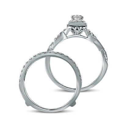 1.0 CT. T.W. Princess-Cut Natural Diamond Frame Twist Shank Antique Vintage-Style Bridal Engagement Ring Set in Solid 14K White Gold