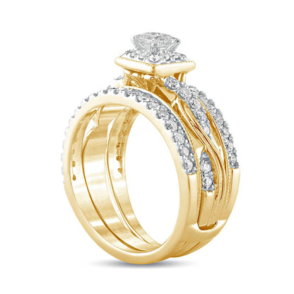 1.0 CT. T.W. Princess-Cut Natural Diamond Frame Twist Shank Antique Vintage-Style Bridal Engagement Ring Set in Solid 14K Gold
