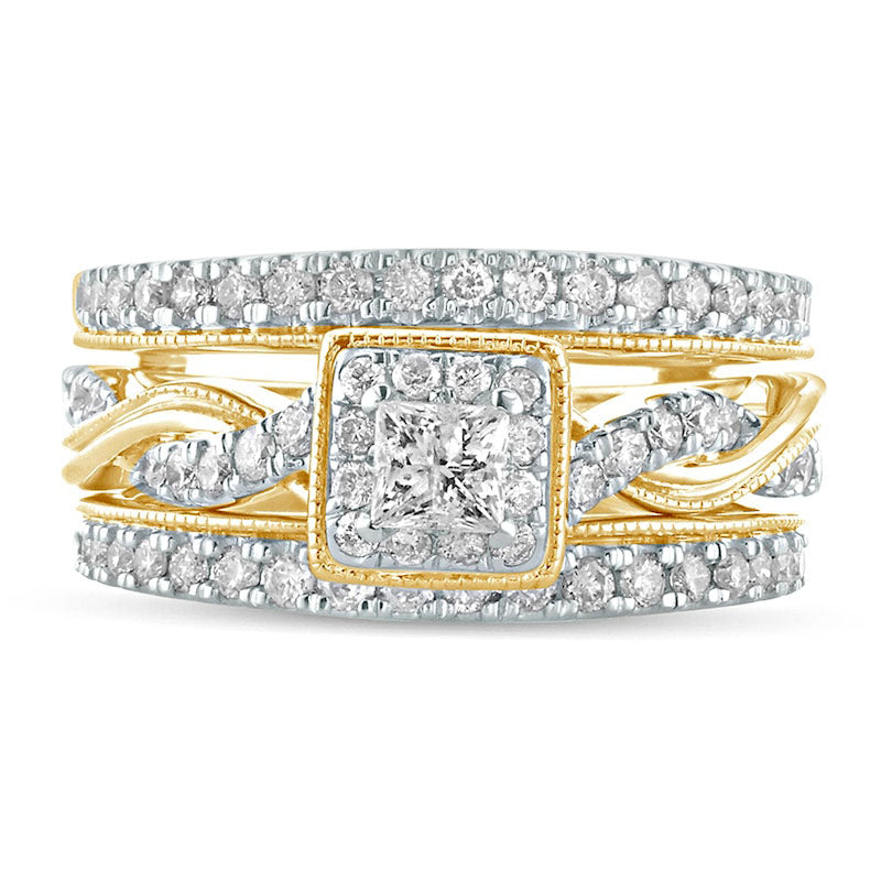 1.0 CT. T.W. Princess-Cut Natural Diamond Frame Twist Shank Antique Vintage-Style Bridal Engagement Ring Set in Solid 14K Gold
