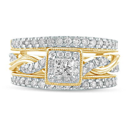 1.0 CT. T.W. Princess-Cut Natural Diamond Frame Twist Shank Antique Vintage-Style Bridal Engagement Ring Set in Solid 14K Gold