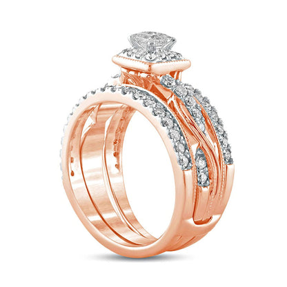 1.0 CT. T.W. Princess-Cut Natural Diamond Frame Twist Shank Antique Vintage-Style Bridal Engagement Ring Set in Solid 14K Rose Gold