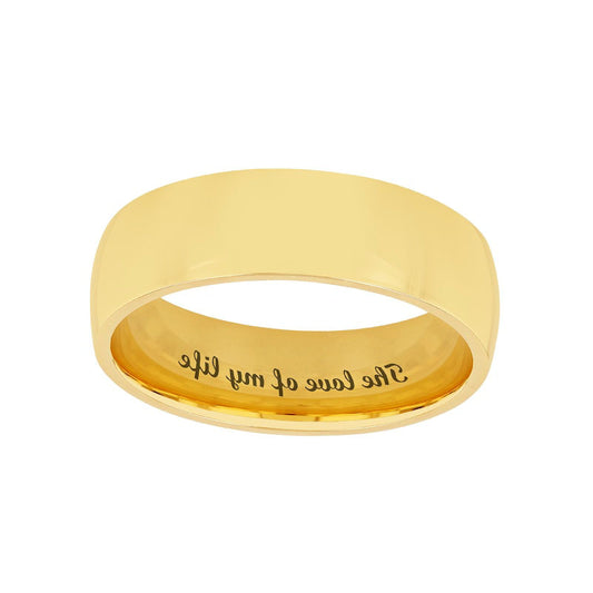 6.5mm Bevelled Edge Euro Comfort-Fit Engravable Wedding Band in Solid 14K White, Yellow or Rose Gold (1 Line)