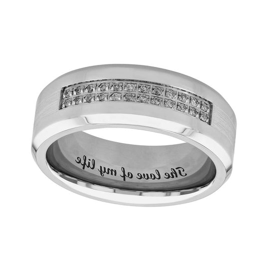 Men's 0.13 CT. T.W. Natural Diamond Double Row Satin Inlay Comfort-Fit Wedding Band in Stainless Steel and Cobalt (1 Line)