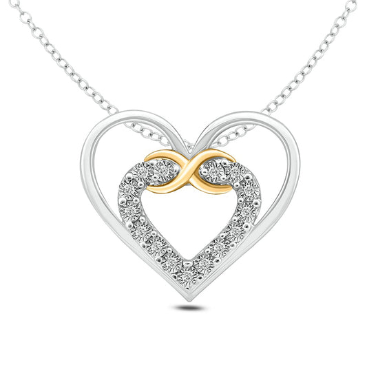 Natural Diamond Accent Infinity Double Heart Pendant in Sterling Silver and 10K Yellow Gold