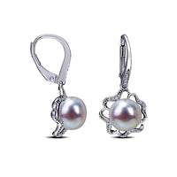 9.0-9.5mm Button Cultured Freshwater Pearl and 0.13 CT. T.W. Diamond Clover Frame Drop Earrings in Sterling Silver