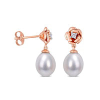 Baroque Cultured Freshwater Pearl and Lab-Created White Sapphire Rose Drop Earrings in Sterling Silver with Rose Rhodium
