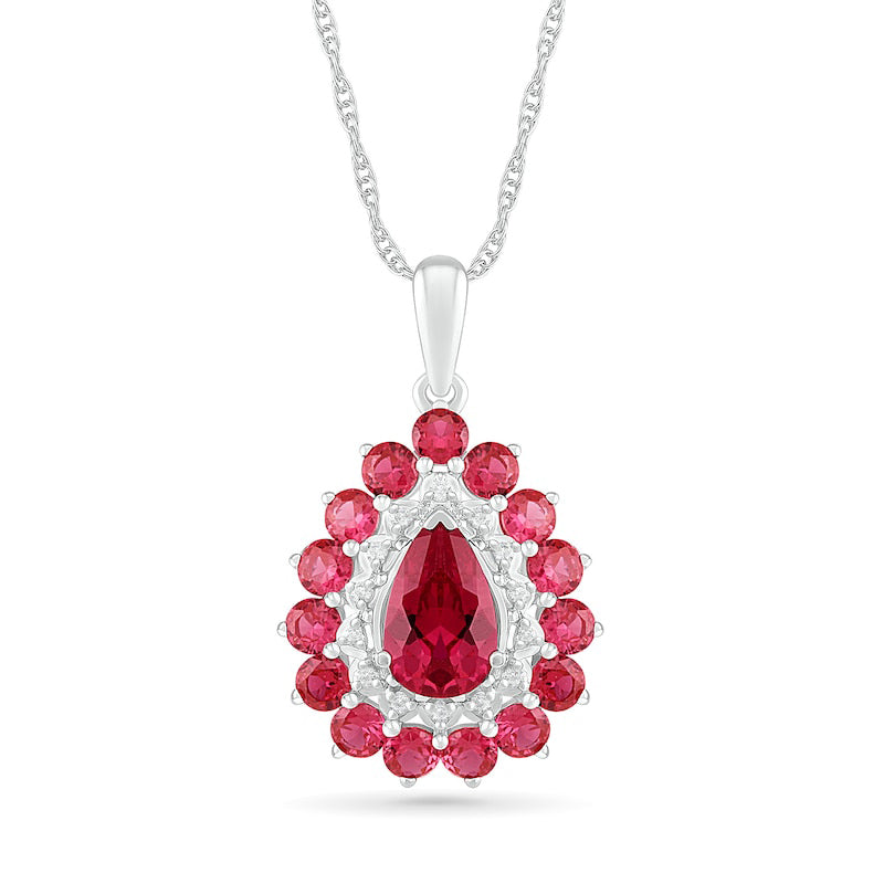 Pear-Shaped Lab-Created Ruby and White Sapphire Double Frame Drop Pendant in Sterling Silver