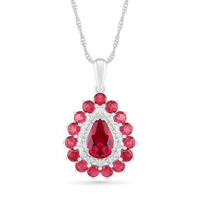 Pear-Shaped Lab-Created Ruby and White Sapphire Double Frame Drop Pendant in Sterling Silver