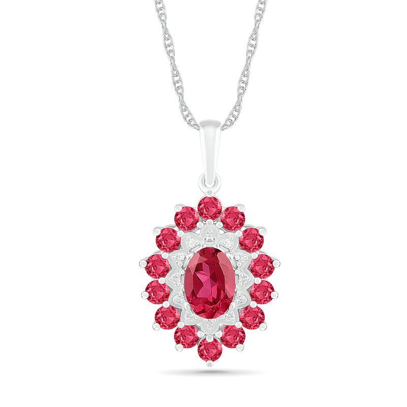 Oval Lab-Created Ruby and White Sapphire Double Frame Drop Pendant in Sterling Silver