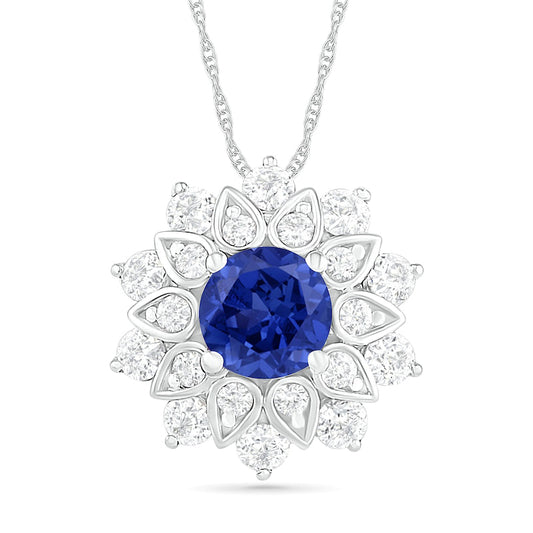 5.0mm Lab-Created Blue and White Sapphire Frame Flower Pendant in Sterling Silver