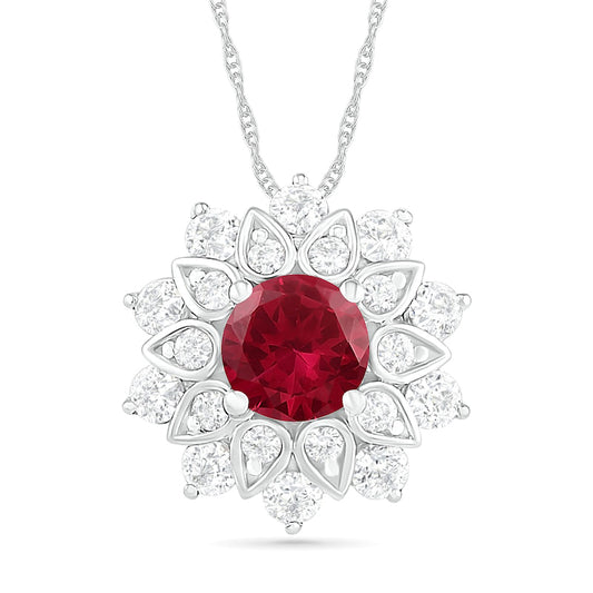 5.0mm Lab-Created Ruby and White Sapphire Frame Flower Pendant in Sterling Silver