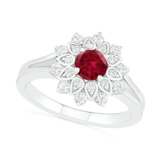 5.0mm Lab-Created Ruby and White Sapphire Frame Split Shank Flower Ring in Sterling Silver