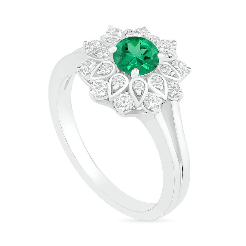 5.0mm Lab-Created Emerald and White Sapphire Frame Split Shank Flower Ring in Sterling Silver