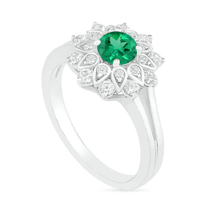 5.0mm Lab-Created Emerald and White Sapphire Frame Split Shank Flower Ring in Sterling Silver