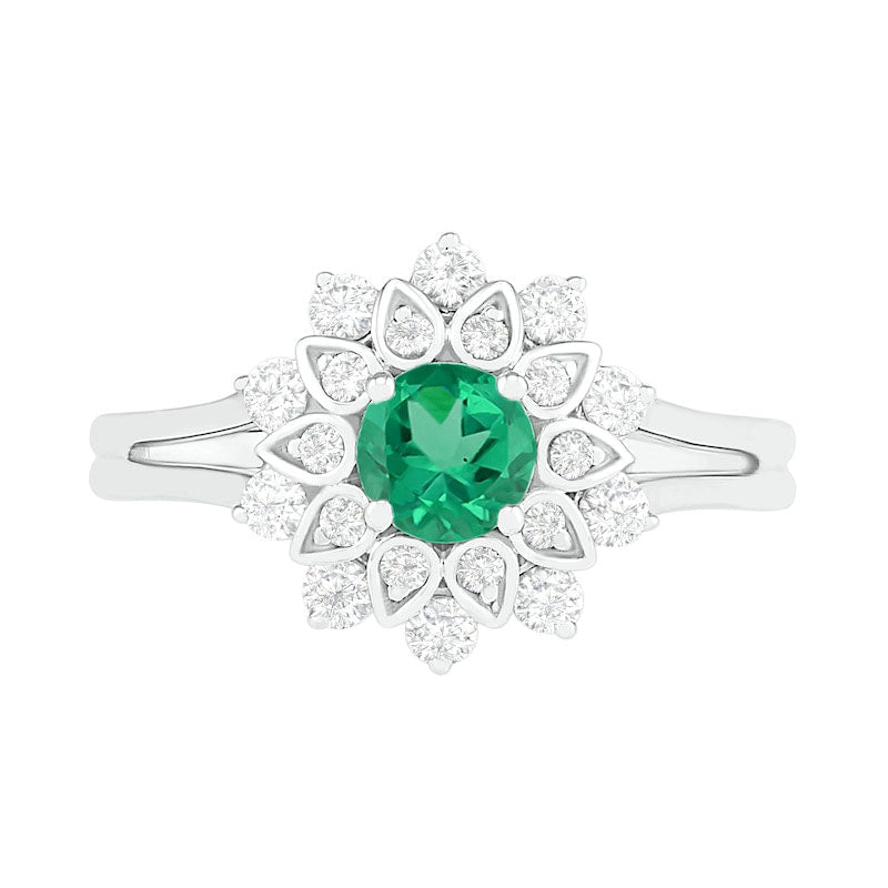 5.0mm Lab-Created Emerald and White Sapphire Frame Split Shank Flower Ring in Sterling Silver