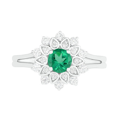 5.0mm Lab-Created Emerald and White Sapphire Frame Split Shank Flower Ring in Sterling Silver
