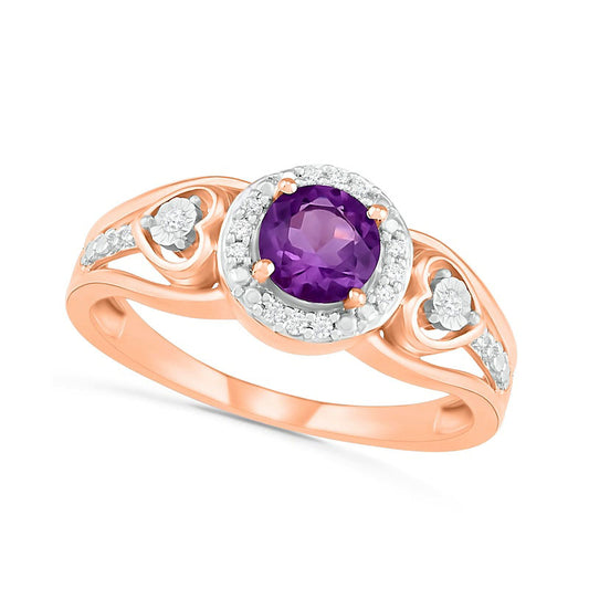 5.0mm Amethyst and 0.05 CT. T.W. Natural Diamond Frame Heart-Sides Split Shank Ring in Solid 10K Rose Gold