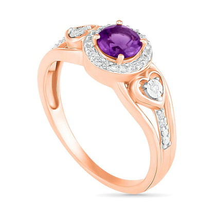 5.0mm Amethyst and 0.05 CT. T.W. Natural Diamond Frame Heart-Sides Split Shank Ring in Solid 10K Rose Gold
