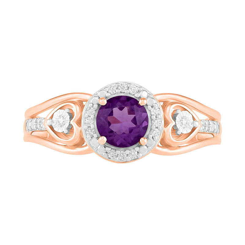 5.0mm Amethyst and 0.05 CT. T.W. Natural Diamond Frame Heart-Sides Split Shank Ring in Solid 10K Rose Gold