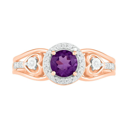 5.0mm Amethyst and 0.05 CT. T.W. Natural Diamond Frame Heart-Sides Split Shank Ring in Solid 10K Rose Gold