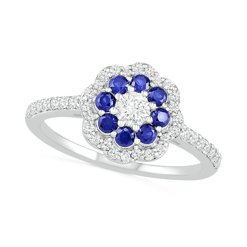 3.4mm White and Blue Lab-Created Sapphire Double Frame Flower Ring in Sterling Silver