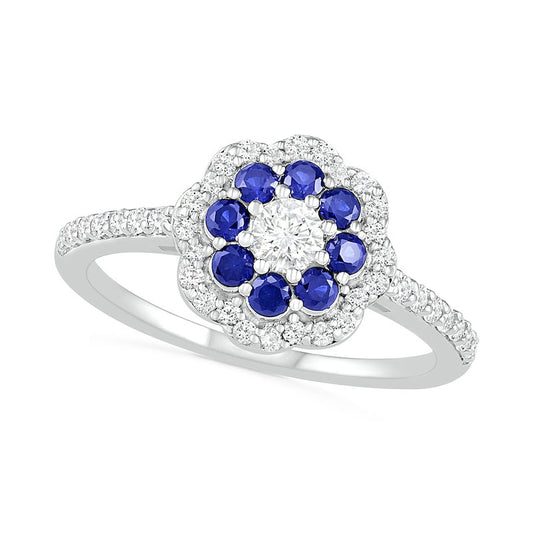 3.4mm White and Blue Lab-Created Sapphire Double Frame Flower Ring in Sterling Silver