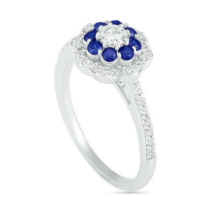 3.4mm White and Blue Lab-Created Sapphire Double Frame Flower Ring in Sterling Silver