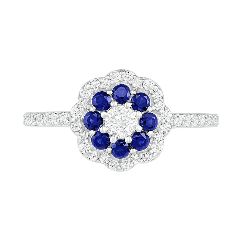 3.4mm White and Blue Lab-Created Sapphire Double Frame Flower Ring in Sterling Silver