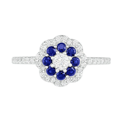 3.4mm White and Blue Lab-Created Sapphire Double Frame Flower Ring in Sterling Silver