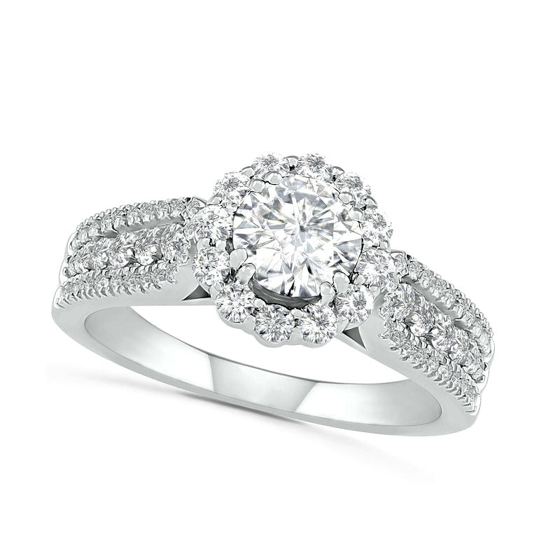 5.5mm White Lab-Created Sapphire Frame Triple Row Flower Ring in Sterling Silver
