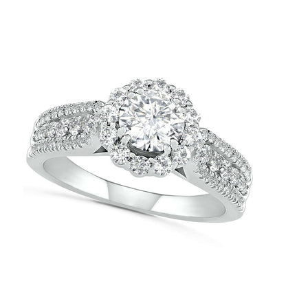 5.5mm White Lab-Created Sapphire Frame Triple Row Flower Ring in Sterling Silver