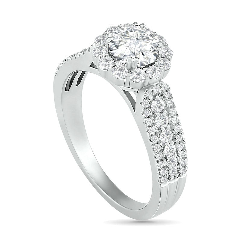 5.5mm White Lab-Created Sapphire Frame Triple Row Flower Ring in Sterling Silver
