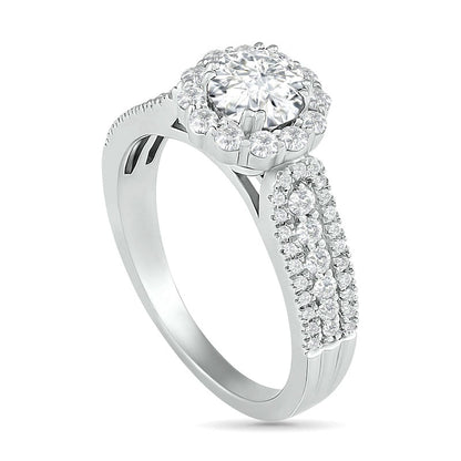 5.5mm White Lab-Created Sapphire Frame Triple Row Flower Ring in Sterling Silver