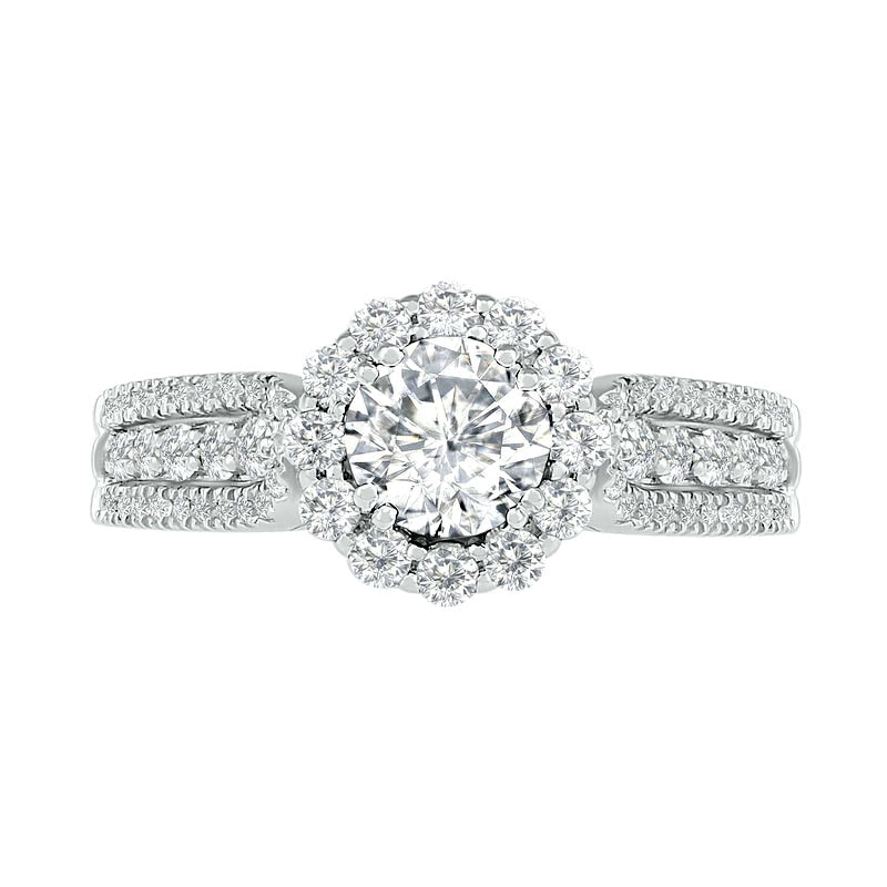5.5mm White Lab-Created Sapphire Frame Triple Row Flower Ring in Sterling Silver