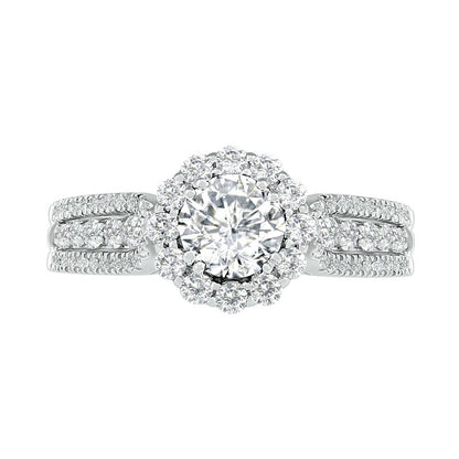 5.5mm White Lab-Created Sapphire Frame Triple Row Flower Ring in Sterling Silver