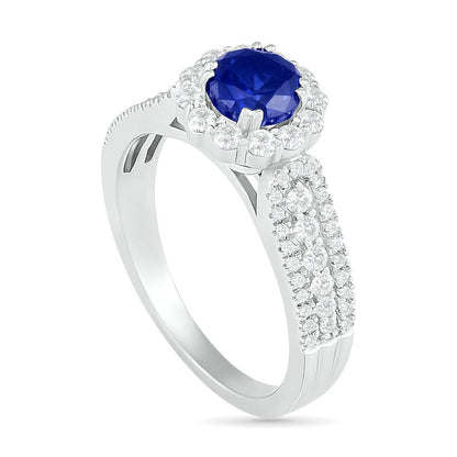 5.5mm Blue and White Lab-Created Sapphire Frame Triple Row Flower Ring in Sterling Silver
