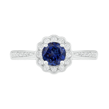 5.2mm Blue and White Lab-Created Sapphire Frame Tapered Shank Flower Ring in Sterling Silver