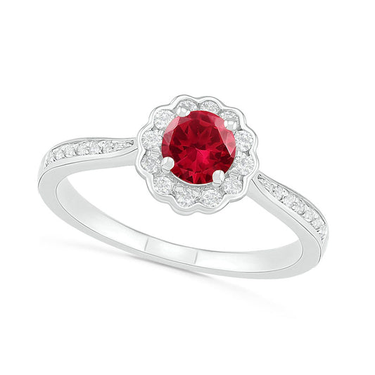 5.2mm Lab-Created Ruby and White Sapphire Frame Tapered Shank Flower Ring in Sterling Silver