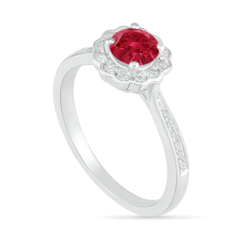5.2mm Lab-Created Ruby and White Sapphire Frame Tapered Shank Flower Ring in Sterling Silver