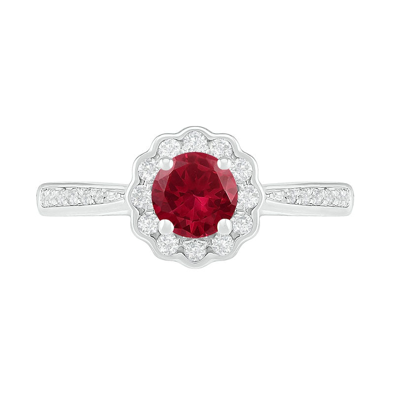 5.2mm Lab-Created Ruby and White Sapphire Frame Tapered Shank Flower Ring in Sterling Silver