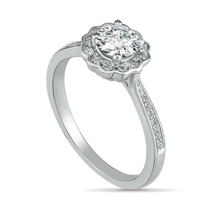 5.2mm White Lab-Created Sapphire Frame Tapered Shank Flower Ring in Sterling Silver