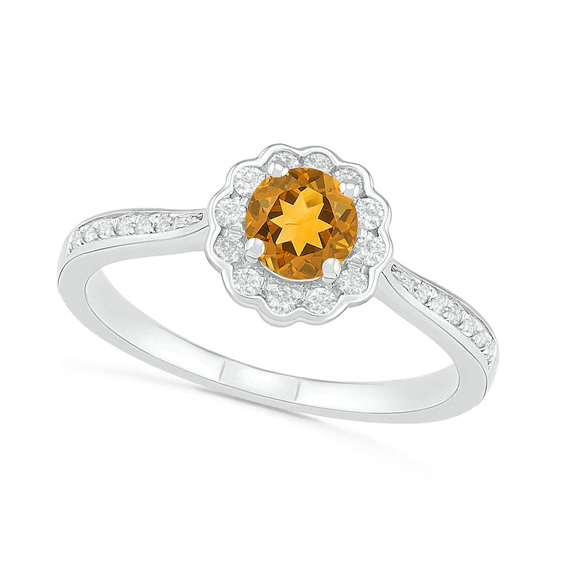 5.2mm Citrine and White Lab-Created Sapphire Frame Tapered Shank Flower Ring in Sterling Silver