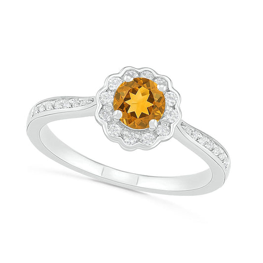 5.2mm Citrine and White Lab-Created Sapphire Frame Tapered Shank Flower Ring in Sterling Silver