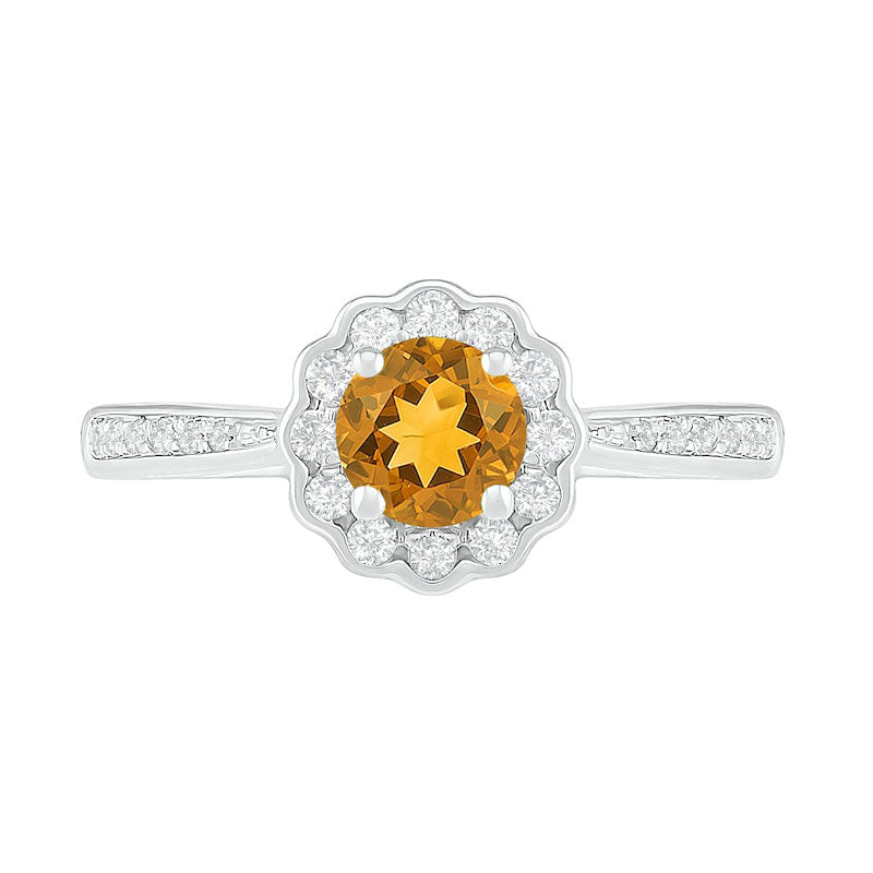 5.2mm Citrine and White Lab-Created Sapphire Frame Tapered Shank Flower Ring in Sterling Silver