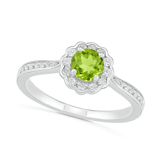 5.2mm Peridot and White Lab-Created Sapphire Frame Tapered Shank Flower Ring in Sterling Silver