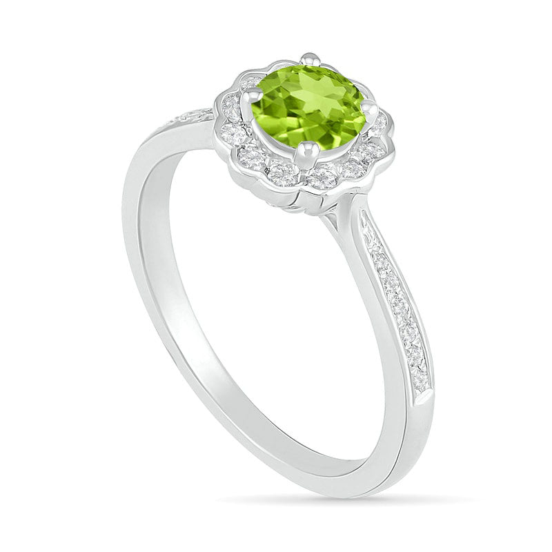 5.2mm Peridot and White Lab-Created Sapphire Frame Tapered Shank Flower Ring in Sterling Silver