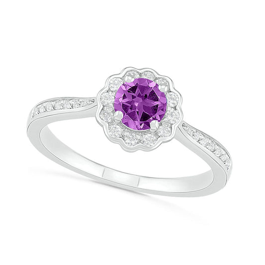 5.2mm Amethyst and White Lab-Created Sapphire Frame Tapered Shank Flower Ring in Sterling Silver