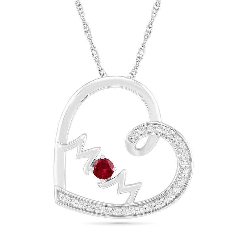 3.0mm Lab-Created Ruby and White Sapphire "MOM" Tilted Loop Heart Pendant in Sterling Silver