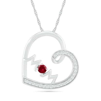 3.0mm Lab-Created Ruby and White Sapphire "MOM" Tilted Loop Heart Pendant in Sterling Silver